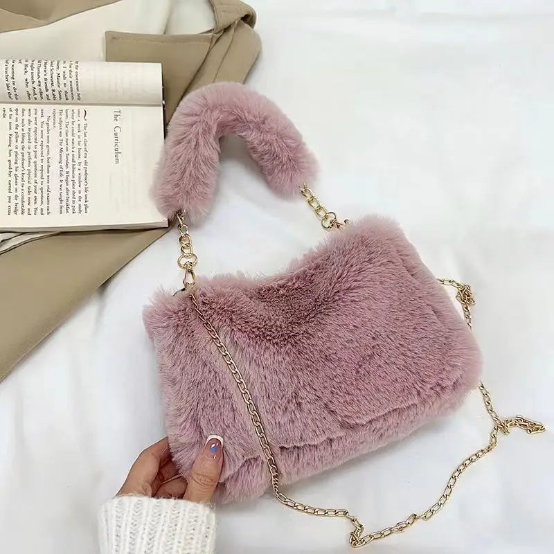 Winter Plush Tote Handbag Versatile Fluffy Shoulder Bag Soft Cute Chain Crossbody Bag