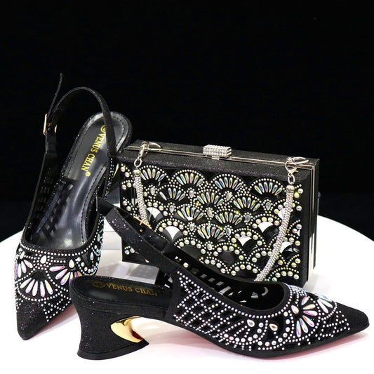 Matching Shoes and Bags: Women Shoe and Bag Set Decorated gold Shoes and Bag