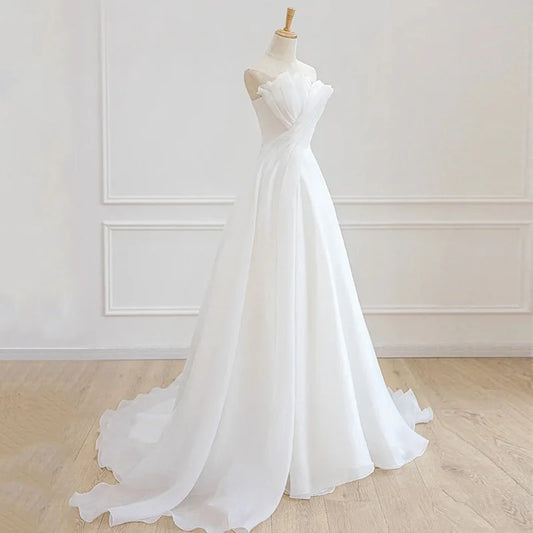 Homecoming Dresses: White Satin Chiffon Strapless Wedding Trailing Dresses for Bride