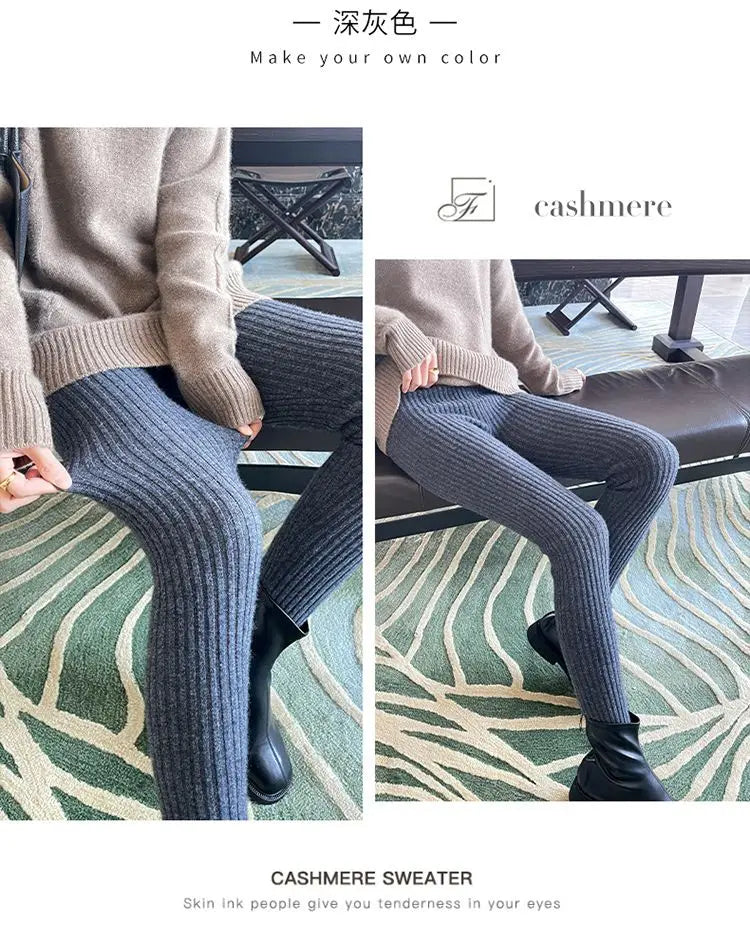 Slim Leggings Autumn Women High Waist Casual Trousers Knitted Ribbed Thicken Solid