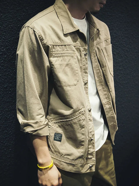 Vintage Cargo Denim Jacket Men's Washed Loose Casual Cotton Long Sleeve Jacket