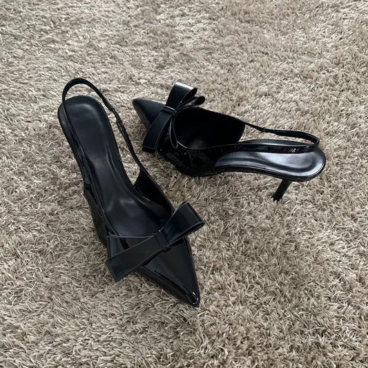 Women Black Bow High Heels Slingback Pointed toe Heeled for Women Pumps