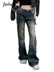 Vintage Blue Washed Slim Y2k Female Jeans High Waist Full Length Casual Chic Pockets