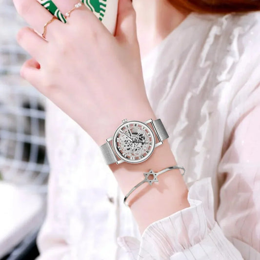 Fashion Top Women Hollow Skeleton Faux Mechanical Watch Ladies Metal Mesh Quartz Wrist Watches For Female Relogio Feminino