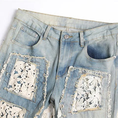 Men's Perforated Jeans 3D Inner Embroidery Zipper Bleached Slim Fit Pantyhose