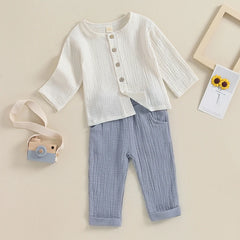VISgogo 2pcs Kids Baby Boys Outfit Button Down Long Sleeve T-shirt with Solid Color Long Pants Linen Spring Fall Outfit