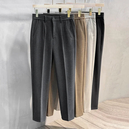 Autumn Winter Men's Woolen Suit Pants Formal Business Office Slim Straight Elastic