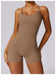 Women Fitness Jumpsuit Running Workout One Piece Yoga Suit Scrunch Butt Shorts