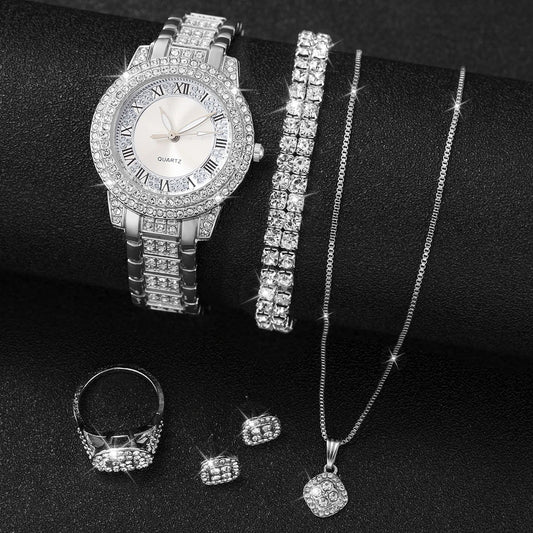 6PCS/Set Women's Watch Fashion Rhinestone Roma Dial Quartz Watch Steel Band Wristwatches Diamond JewelrySet(Without Box)