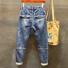 Male Cowboy Pants Tapered Jeans for Men Zipper Trousers Motorcycle Spliced