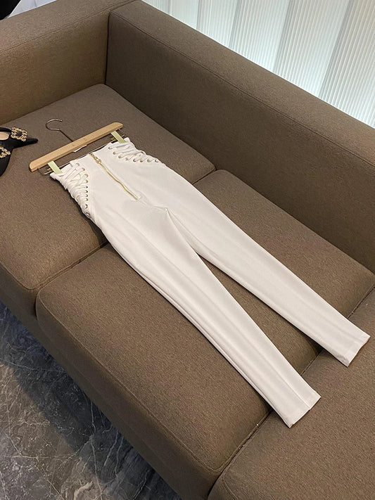 Lady Basic Solid Fashion Style Lace Up High Waist Slim Cutting Trousers Woman