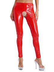 Womens Wet Look PVC Leather Open Crotch Butt Leggings High Waisted Crotchless