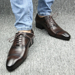 Men Genuine Leather Shoe High Quality Oxford Lace Up Handmade Brogue Shoes