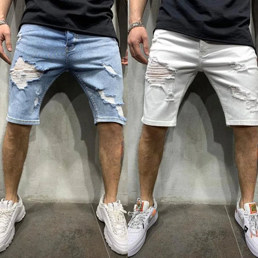 2024 Ripped tassel denim shorts New Summer Men's Personalized Washable Perforated Denim Pants Large Casual Middle Pants