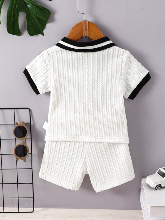 Baby Boys Summer Thin Shorts Set Lapel Temperament Color Contrast Short Sleeve Texture T-Shirt Elastic Waist Solid Color Pants
