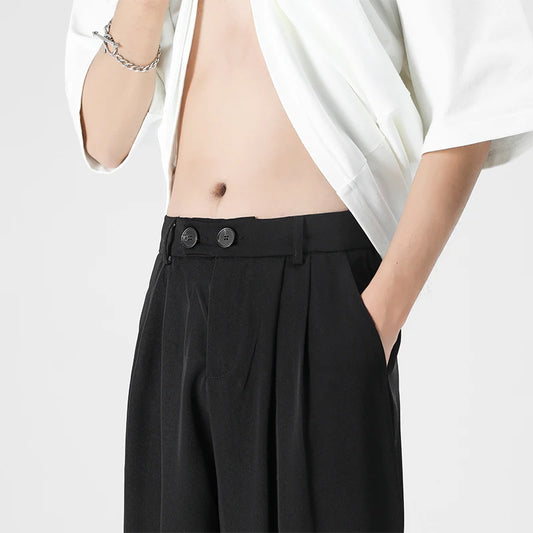 Men Pants Pleated Stretch Waist Casual Baggy Long Trousers Black Beige Fashion