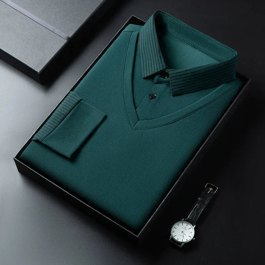 2025 New Men's Casual and Fashionable Long Sleeved Solid Color Fake Two-piece Polo Shirt Business All Season Versatile Top