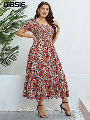 Floral Print Square Neck Puff Sleeve Dress Women Plus Size Vacation Boho Beach