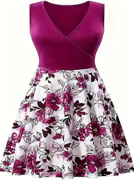 Summer floral print patchwork, V-neck sleeveless mid-stretch, loose plus size dress