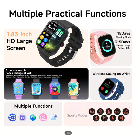 NEW Square Smartwatch Touch Screen Bluetooth Call Camera Control Music Play Message Push Sports Mode for Men Women Kids 2026