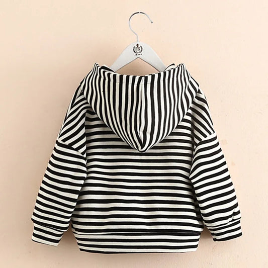 2022 Casual Spring Autumn 2 3 4 6 8 10 12 Years Long Sleeve Children White Black Striped Hooded Zipper Jacket For Kids Baby Girl