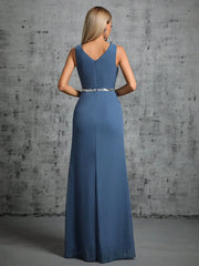 Homecoming Dresses: V-neck silver sequin belt pleated chiffon slit skirt Party Dress