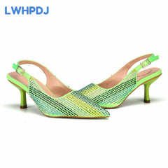 Matching Shoes and Bags: Green Color Water Drill Design High Heels Pointed Toe