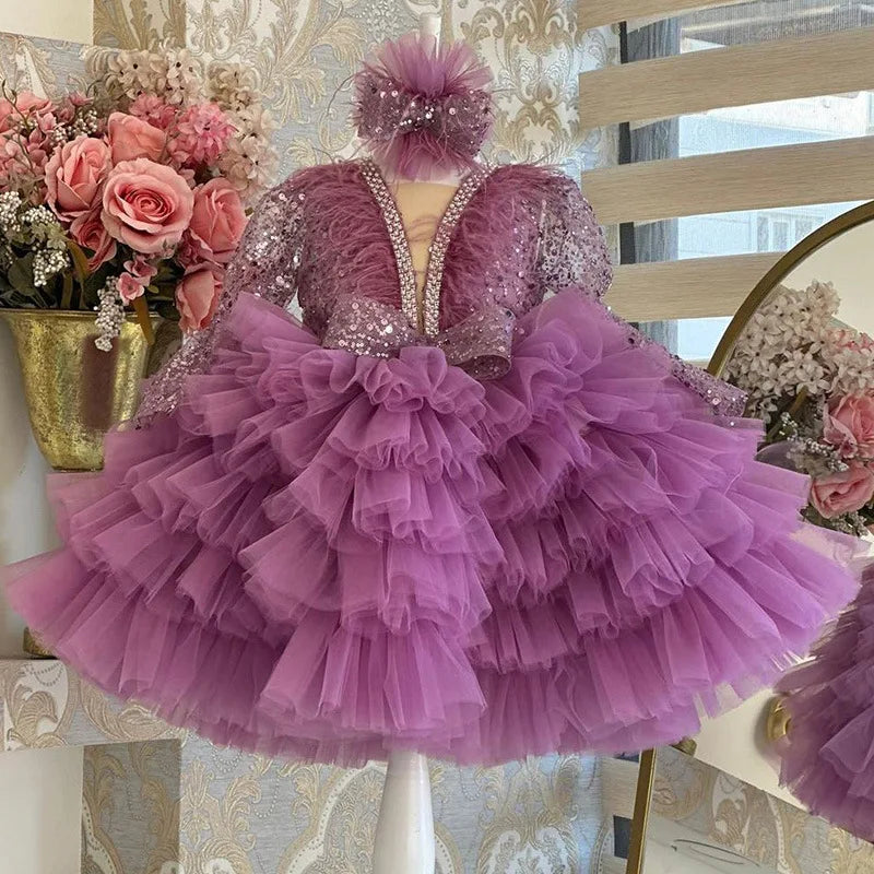 Gorgeous and elegant V-neck sequin long sleeved girl's dress for children's piano performance runway performance mesh cake dress