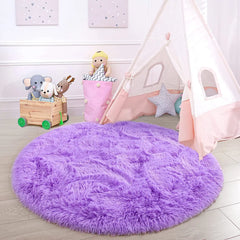 Purple Round Fluffy Carpet for Kids, Soft Area Rug for Girls Room, Princess Castle Plush