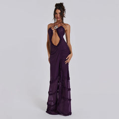 Evening Dresses: Sleeveless Hollow Dress Camisole Shrunk Split Wave Cut Dress