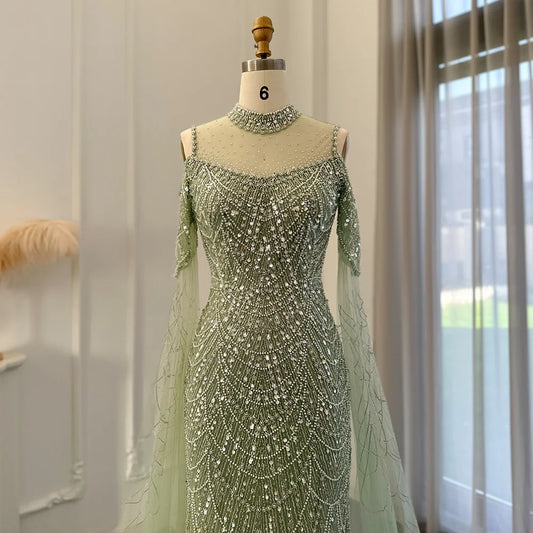 Evening wear Dresses: Green Mermaid Dubai Evening Dress with Cape