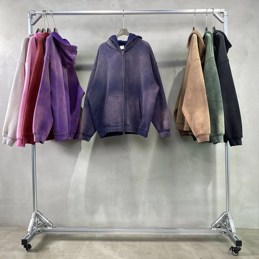 Men's Oversize Long Sleeve Washed Double Zipper Cardigan Hoodies Loose Plus Winter