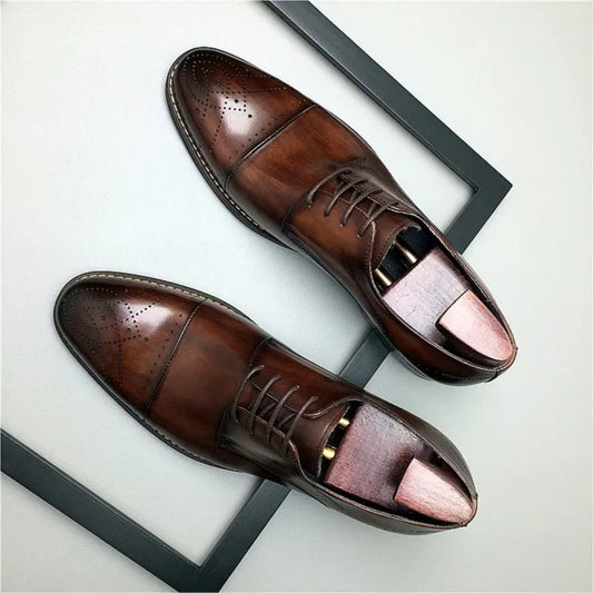 Brogue men wedding dress shoes fashion Genuine Leather Round head Lace up