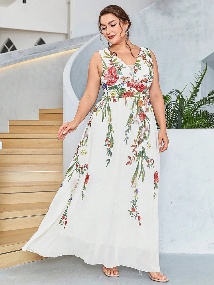 Women Plus Size Maxi Dresses Stylish Elegant Strapless Dress Chiffon Print