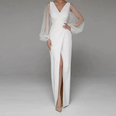 White Bridesmaid Dresses: Wedding Dresses With Illusion Long Sleeve Classic V-neck