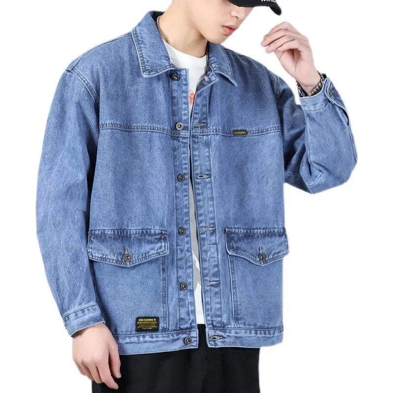 Denim jacket men's baggy multi-pocket handsome top large size lapel casual jacket