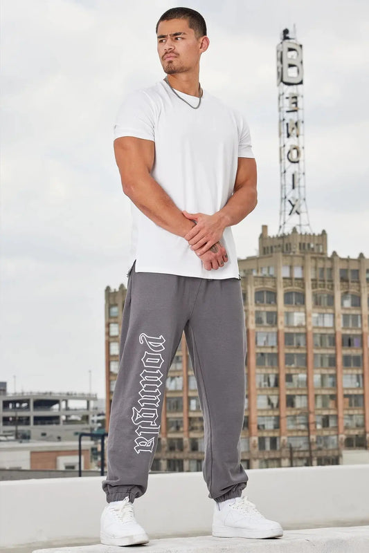 Men's casual sports pants, high cut thick looped cotton embroidered pants