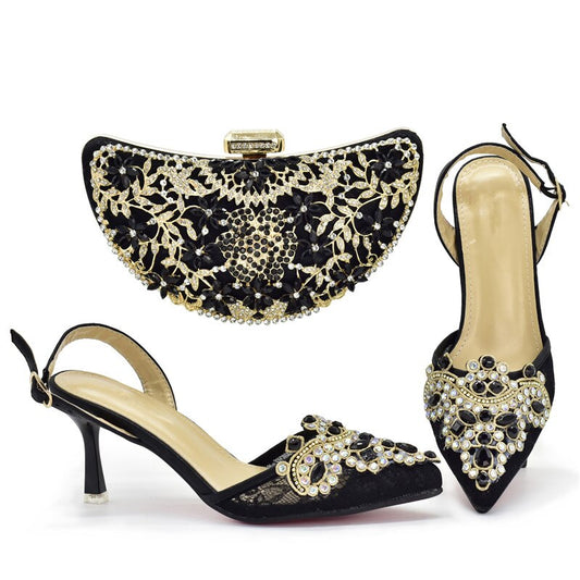 Matching Shoes and Bags: Italian Design Applique Gold Color Shoes And Bag Set For Party