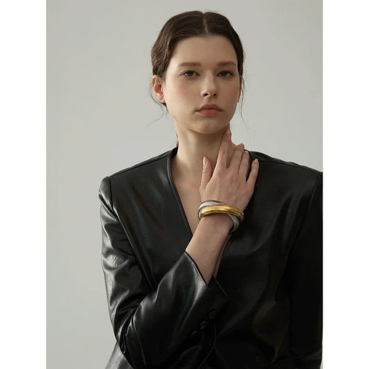 Yhpup Waterproof Stainless Steel Elastic Thick Metal Punk Bracelet Bangle 18K Gold Plated Fashion Women Trendy Jewelry Bijoux