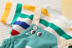 Summer New 2025 Fashionable Children's Boys' Colorful Striped Cotton Short Sleeved/cartoon Dinosaur Overalls Two-piece Set 1