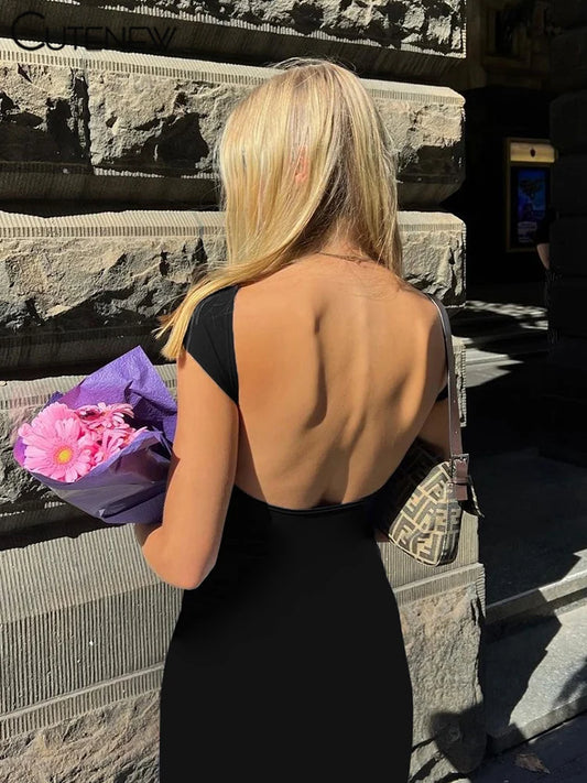 Elegant Short Sleeve Bodycon Maxi Dress O-neck Solid Women's Backless