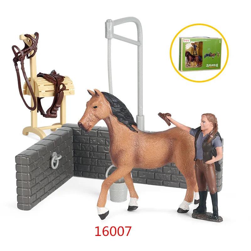 Oenux Farm Stable House Model Action Figures Emulational Horseman Horse Animals Playset Figurine Cute Educational Kids Toy Gift
