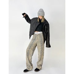 American Retro High Street Casual Overalls Leopard Print Loose Wide Leg Pants
