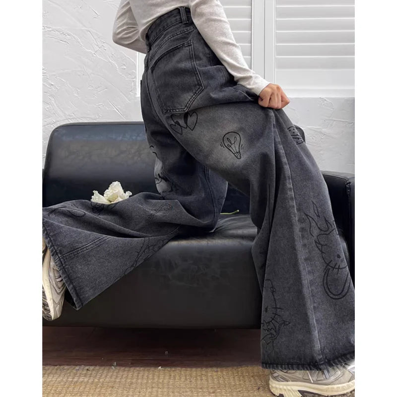 American Black High Street Casual Cartoon Print Wide Leg Pants for Women