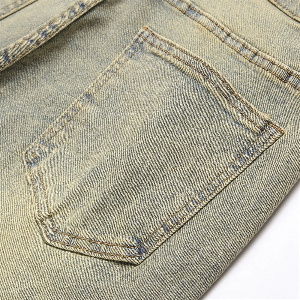 Streetwear Retro Style Men Ripped Spliced Slim Jeans Trousers Hip hop Holes