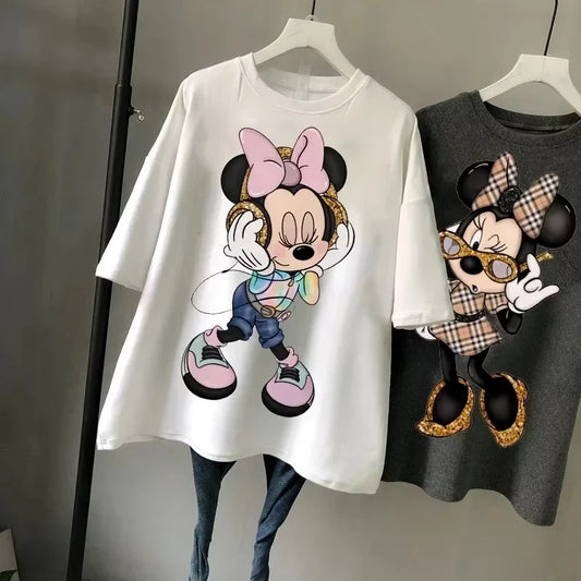 Disney New Minnie Kawaii Fun Women's Printed T-shirt Fashion Summer Cartoon Minnie Top Y2K Women's Extra Large Cotton T-shirt