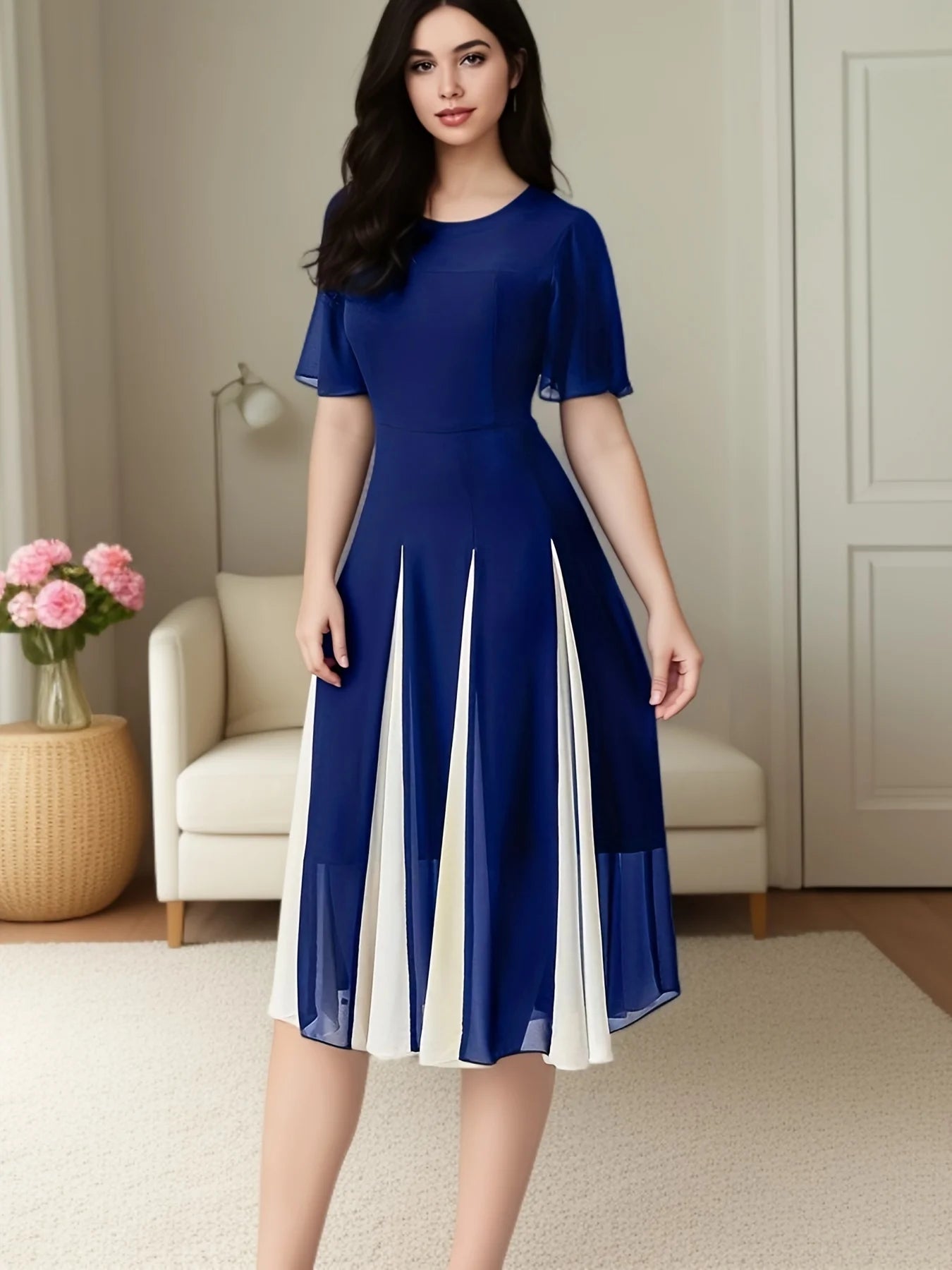 Plus Size Women's Dress Chiffon Patchwork Short Sleeve Casual Tunic Midi Dress Fashion
