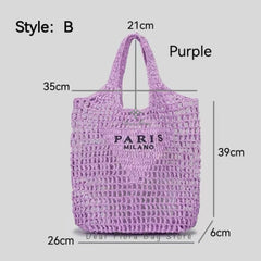 Women Fashion Striped Summer Beach Straw Knitting Shoulder Bag Hollow Out