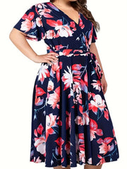 Plus Size Floral Print Cinched Waist Dress, Elegant Short Sleeve Dress
