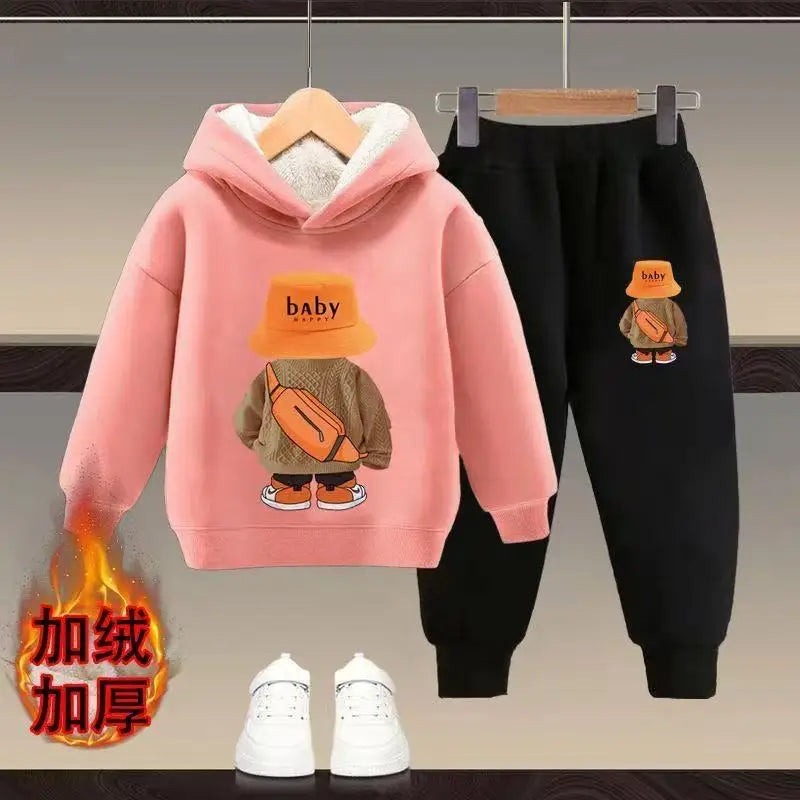 Winter Spring Kid Girls Hoodies Plush Warm Clothes Set Children Boy Cartoon Bear Printed Hooded Pullover Top And Pants 2PC Suit